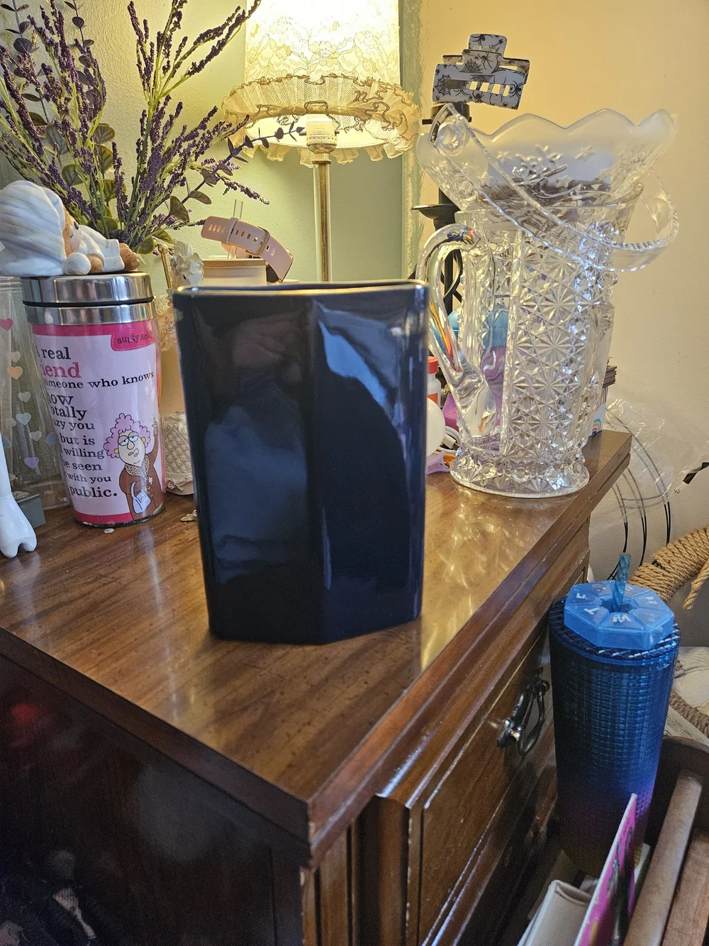 Navy Floral Ceramic Vase with Gold Accents
